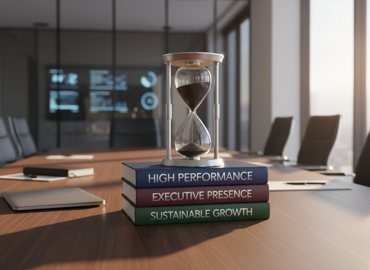 An elegant hourglass made of clear crystal and brushed steel, filled with ultrafine black sand midway through its descent, placed atop a stack of three hardcover books titled with concepts like “High Performance,” “Executive Presence,” and “Sustainable Growth.” The stack rests on a dark walnut conference table, with a closed laptop and a neatly arranged notepad nearby. Warm golden-hour sunlight streams in from the right, casting elongated shadows and a gentle glow through the hourglass, symbolizing time-sensitive career acceleration. Photographic realism with a centered composition and moderate depth of field, softly blurring a glass-walled boardroom and distant digital screens in the background. The mood is reflective yet urgent, highlighting the importance of timely leadership development without burnout.