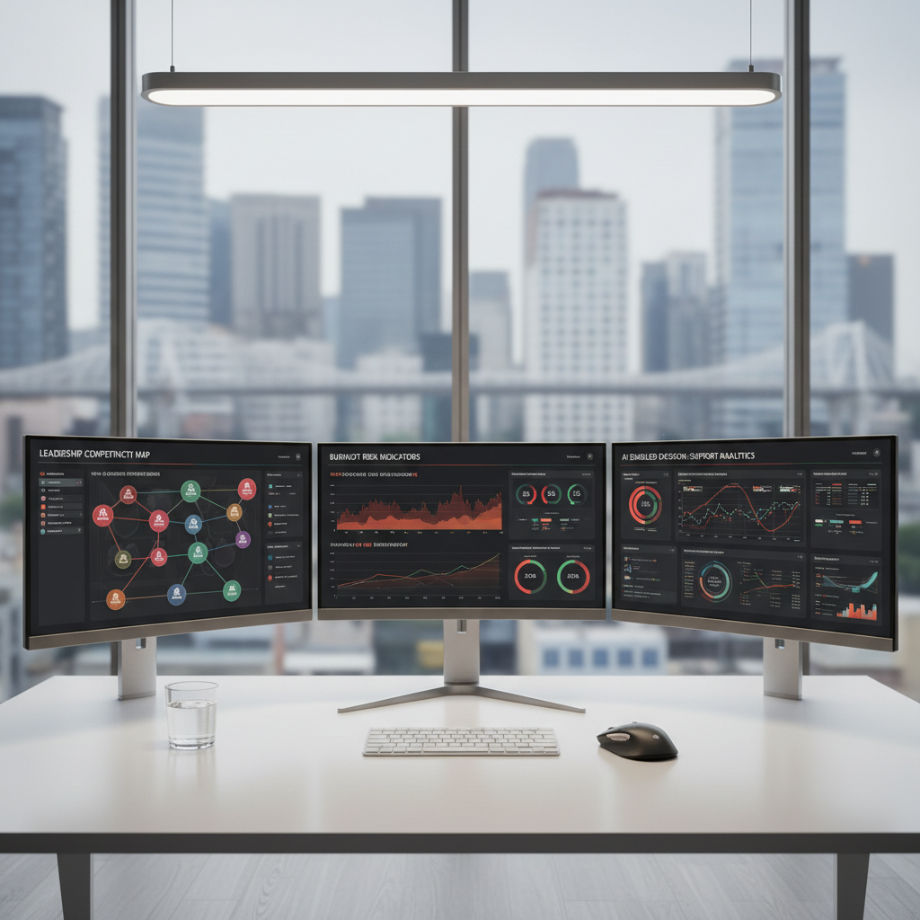 A sophisticated digital command-center workstation featuring three ultra-thin, high-resolution monitors arranged in a gentle arc on a clean, white desk, each screen displaying different dashboards: leadership competency maps, burnout risk indicators, and AI-enabled decision-support analytics. A wireless keyboard, ergonomic mouse, and a single glass of water sit neatly arranged on the matte surface. Cool, diffused light from an overhead panel and a large side window casts soft reflections on the monitor bezels, creating a crisp, modern atmosphere. Shot from a slightly elevated angle in photographic realism, with sharp focus throughout. The background shows a blurred city skyline through floor-to-ceiling glass, suggesting global technology and business operations. The mood is professional and data-driven, emphasizing clarity, decision confidence, and future-proof leadership.