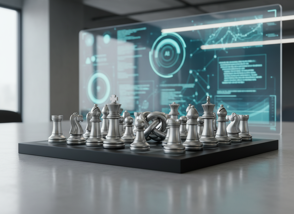 A minimalist, matte-black chessboard set on a smooth concrete tabletop, with the pieces crafted from brushed aluminum and frosted glass. The mid-game position shows a complex strategic moment, with key pieces clustered at the center, symbolizing critical leadership decisions. In the background, slightly out of focus, a large transparent screen displays abstract data visualizations and AI network graphs in cool blues and teals. Soft, indirect office lighting and faint natural daylight from a nearby window merge to create a balanced, professional glow with subtle highlights on the metallic pieces. Captured in photographic realism from a low, cinematic angle, using shallow depth of field to draw attention to the central conflict on the board. The atmosphere is analytical, forward-looking, and composed, representing decision confidence and strategic leadership in the digital age.