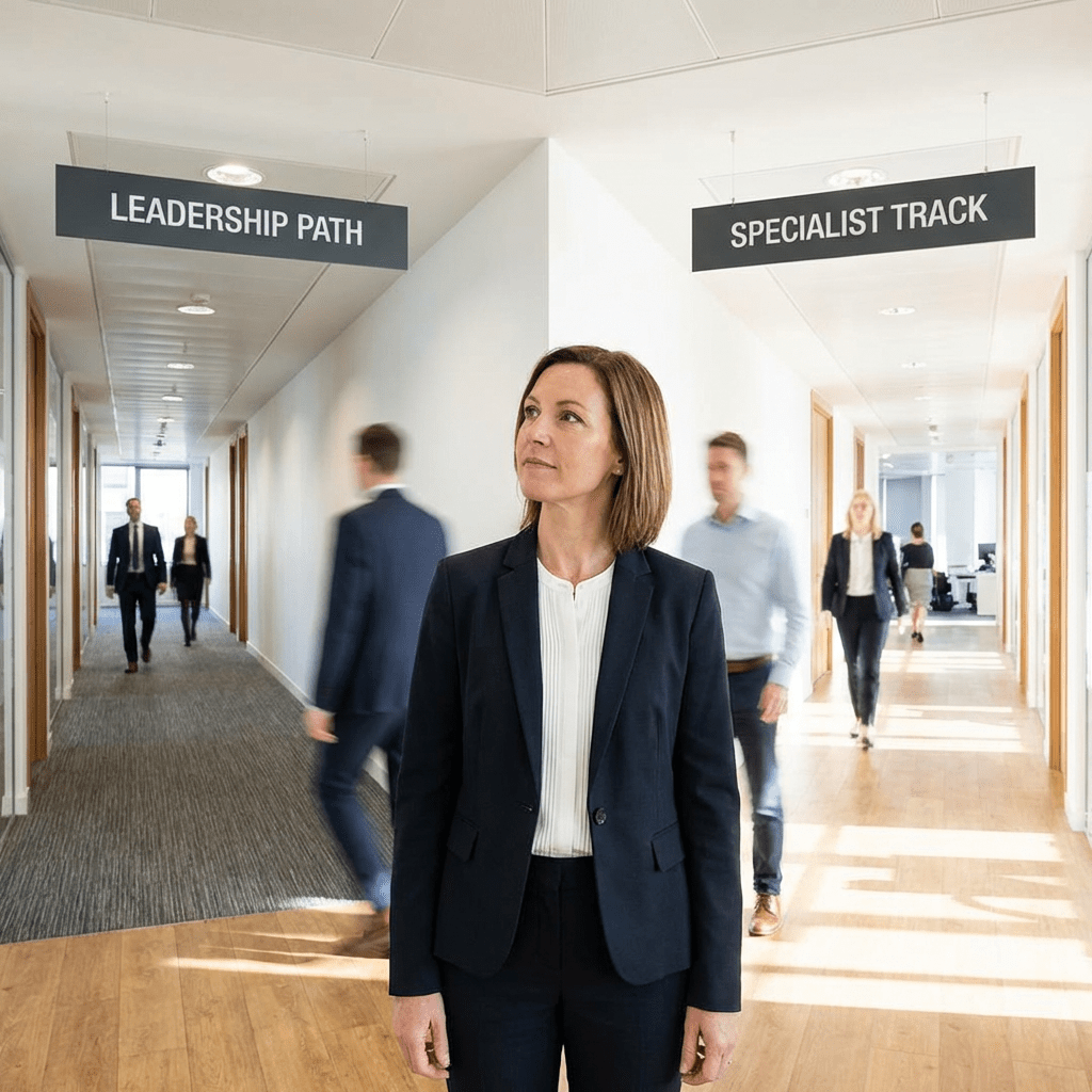 Woman standing between office hallways labeled LEADERSHIP PATH and SPECIALIST TRACK.