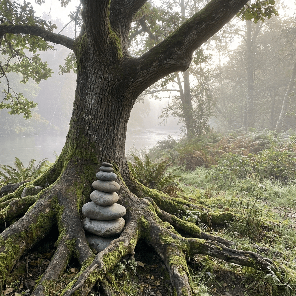 Balanced stones nestled in mossy tree roots by a foggy river.