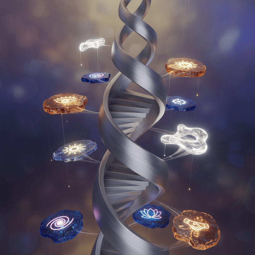 Metallic double helix surrounded by glowing platforms with icons like a lotus and handshake.