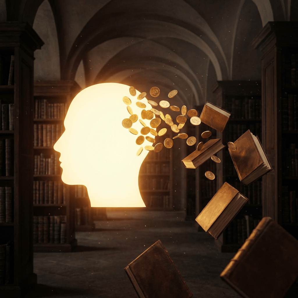 Glowing human head silhouette with books and gold coins floating in a dark library.