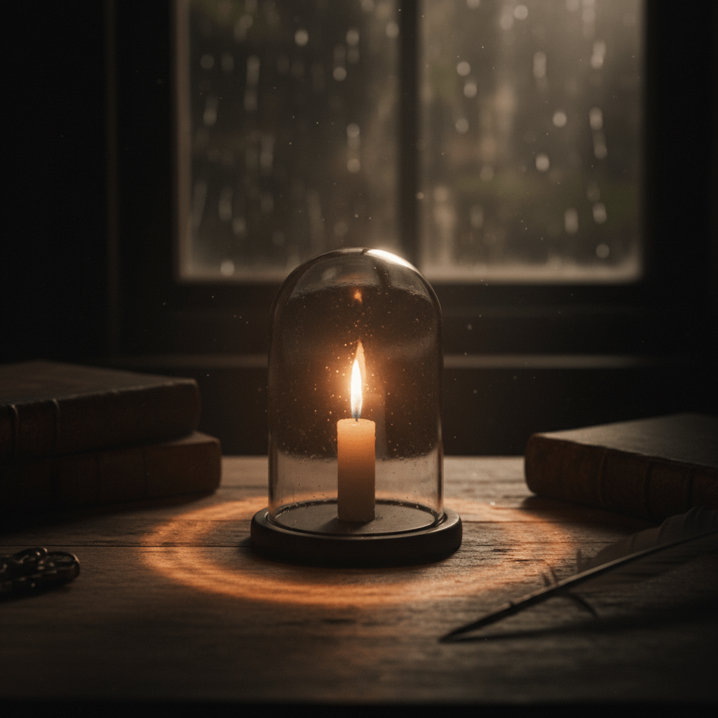 Lit candle in glass cloche on desk with books and quill against rainy window.