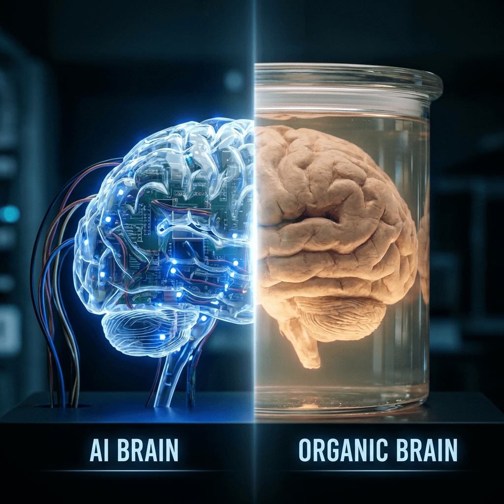 A glowing electronic AI BRAIN and a biological ORGANIC BRAIN in a specimen jar.