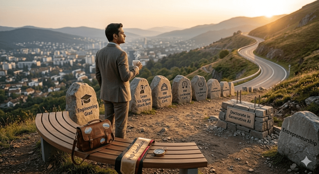 A man in a suit stands on a bench overlooking a scenic landscape at sunset, holding a coffee cup. Stones with educational and professional certifications are placed along a path, including 'Engineering Grad,' 'Lean Six Sigma Black Belt,' 'Doctorate in Generative AI,' and others.