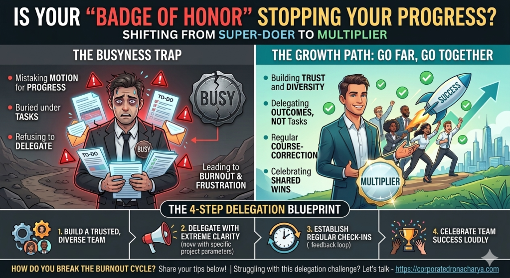 Infographic illustrating the concept of shifting from a 'super-doer' to a 'multiplier' in professional growth, highlighting the 'busyness trap' and the importance of delegation and teamwork.