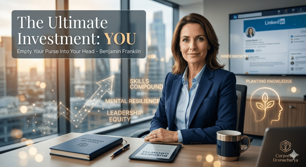 A professional woman sitting at a desk in a modern office, with a tablet and a coffee mug. The background features a city skyline and a computer screen displaying a LinkedIn profile. Text overlay includes motivational phrases about personal investment and growth.