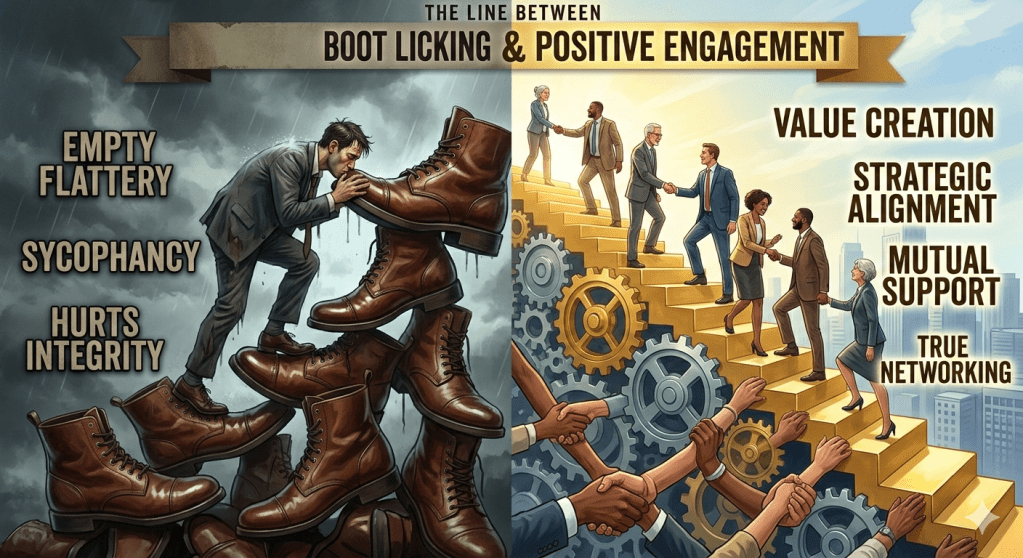 A split-image graphic depicting the contrast between negative behaviors like 'boot licking', represented by a man climbing a pile of shoes, and positive engagement, illustrated by professionals collaborating on stairs with gears, highlighting values like 'value creation' and 'strategic alignment'.