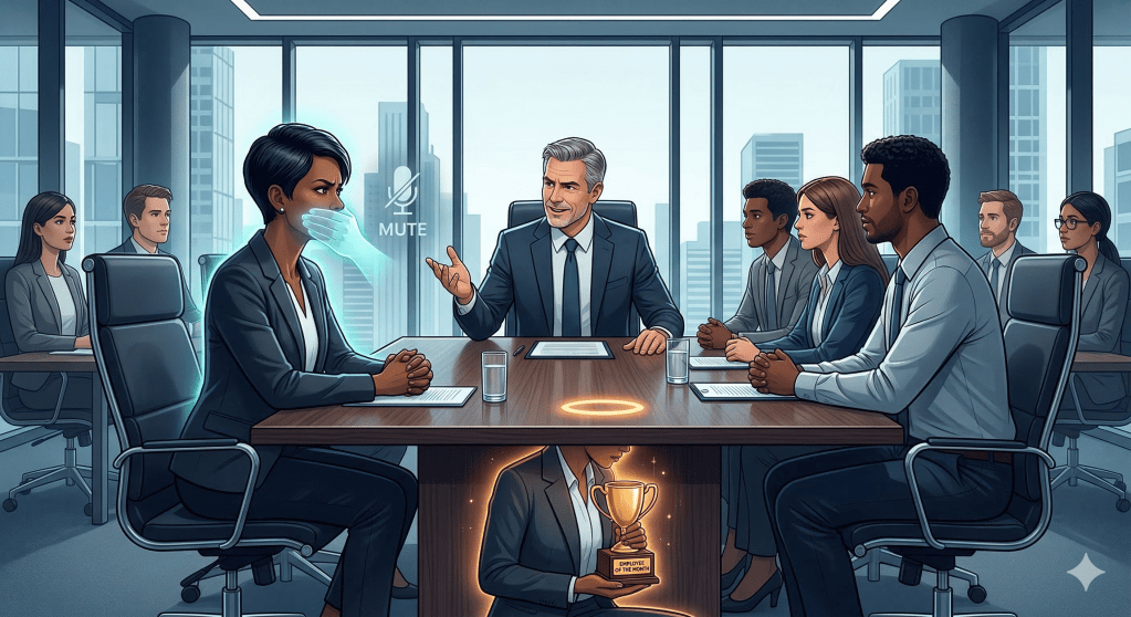 A corporate meeting scene with a diverse group of professionals seated around a conference table. A man in a suit is speaking and gesturing, while a woman with a muted microphone appears to be listening intently. A trophy sits in the center of the table, symbolizing achievement or recognition.