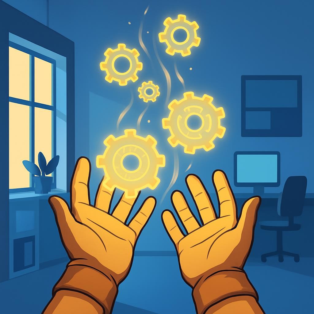 Hands holding glowing yellow mechanical gears floating in a room