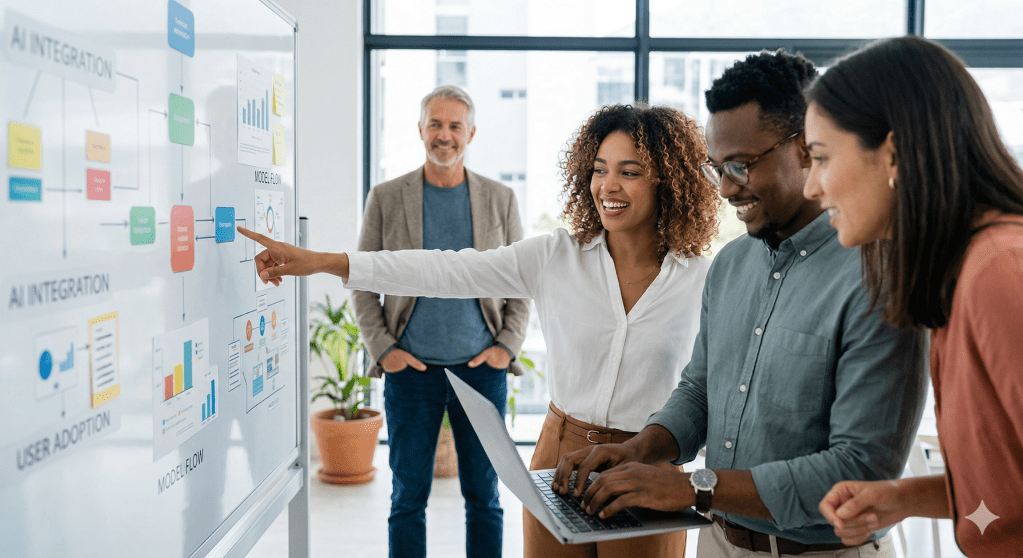 Four professionals collaborate in a modern office setting, discussing a flowchart displayed on a whiteboard, while one person points at the chart and another works on a laptop.